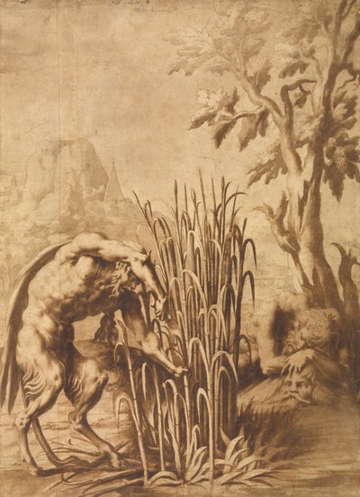 Pan snijdt het riet waarin de nimf Syrinx is veranderd door Fontainebleau School